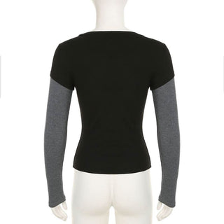 Long sleeve crewneck abstract print patchwork top