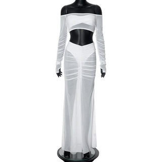 Long sleeve off shoulder ruched mesh maxi skirt set