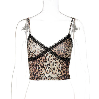 V neck lace hem leopard print backless cami top