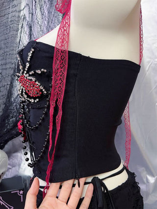 Spider pattern beaded lace hem cami top