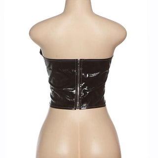 Brown zip-up PU leather backless tube top