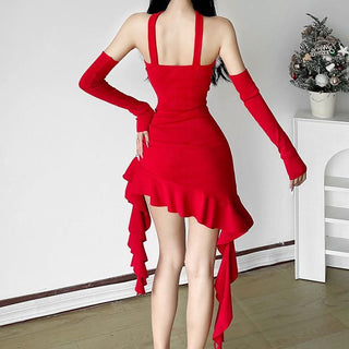 Halter ruffle fluffy gloves mini dress