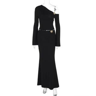 One shoulder long sleeve flower applique maxi skirt set
