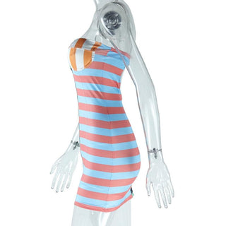 Striped print padded stitch contrast tube mini dress