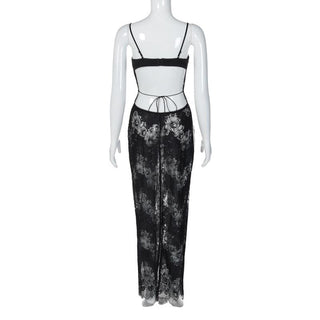 Lace patchwork backless slit cami maxi dress