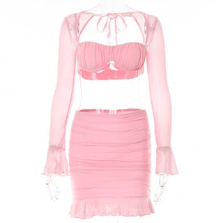 Mesh hollow out solid ruffle long sleeve ruched mini skirt set