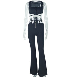 Zip-up self tie ribbed square neck solid pant set