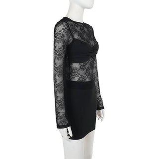 Crewneck long sleeve lace mini skirt set