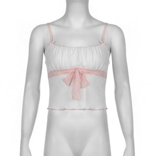 Ruched lace hem bowknot ruffle cami top