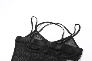 Stitch mesh patchwork cross back cami bodysuit
