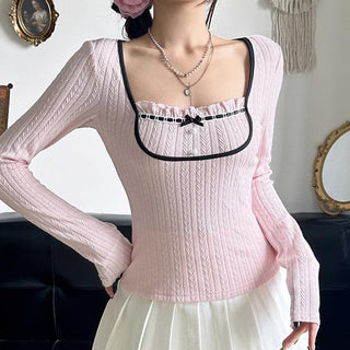 Long sleeve ruffle bowknot ribbed top