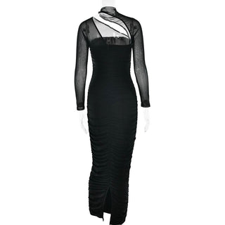 Long sleeve mesh ruched maxi dress