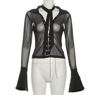 Turnover collar long sleeve mesh self tie top