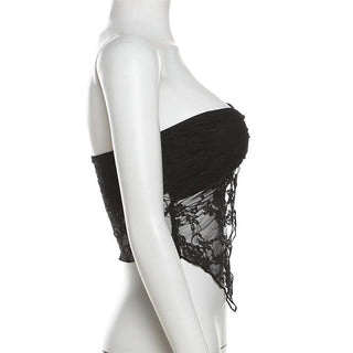 Lace ruched slit ruffle solid tube top