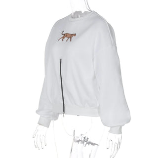 Long sleeve crewneck leopard pattern zip-up top