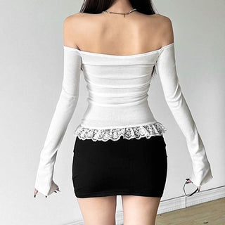 Long sleeve bowknot off shoulder lace hem ruched top
