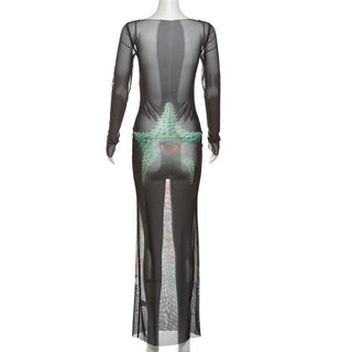 Long sleeve mesh hollow out print see through cut out maxi dress
