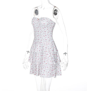 Print sweetheart neck rose applique ruched tube mini dress