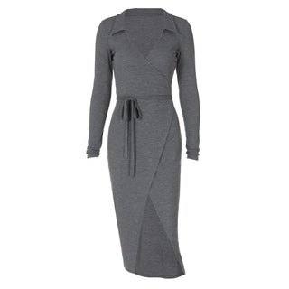 Turnover collar long sleeve slit self tie midi dress
