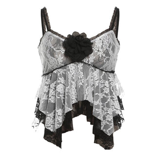 Lace patchwork flower applique ruffle cami top