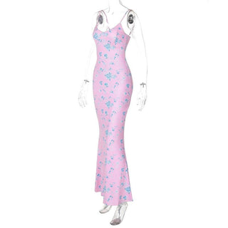 Flower print v neck backless cami maxi dress