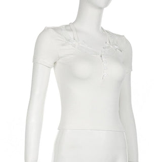 Short sleeve lace hem ribbed bowknot button crop top