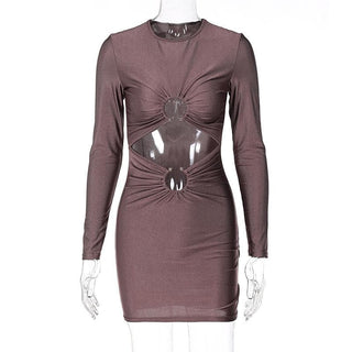 Long sleeve solid ruched o ring hollow out cut out mini dress