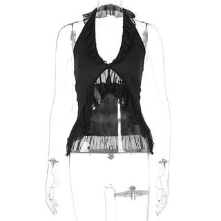 Halter ruffle ruched mesh solid crop top