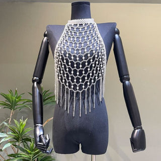 Halter metal chain beaded tassels backless hollow out cut out top