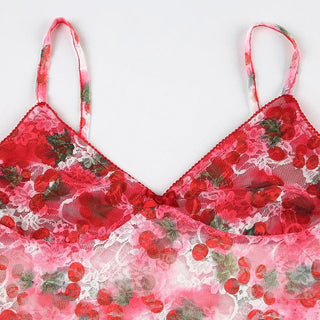 V neck flower print lace see through cami top