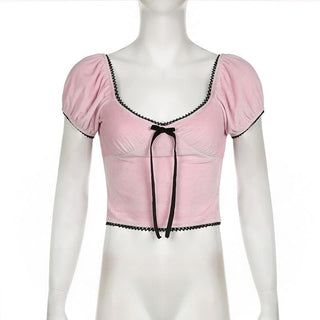 Short puff sleeve bowknot ribbon velvet top