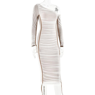 Long sleeve one shoulder ruched stitch mesh midi dress-final-sale