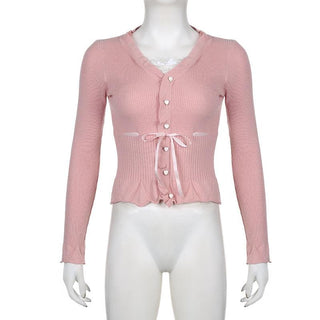 Knitted ruffle long sleeve button lace hem contrast top