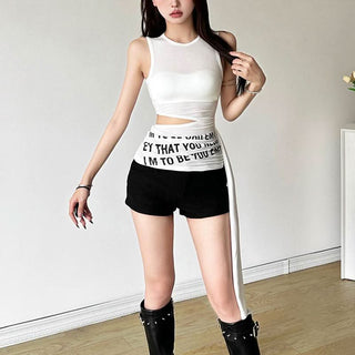 Hollow out crewneck ruched letter print sleeveless cut out top