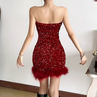 Glitter feather sweetheart neck tube mini dress