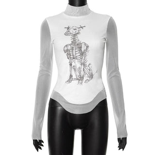 Long sleeve high neck skeleton dog print mesh top