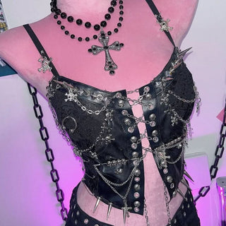 Metal chain rivet lace up PU leather cami top