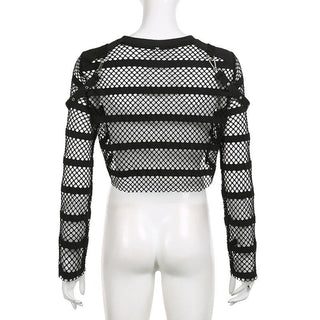 Hollow out long sleeve fishnet see through buckle solid crop cut out top