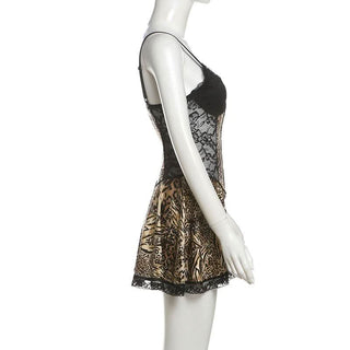 Lace hem leopard print v neck button cami mini dress