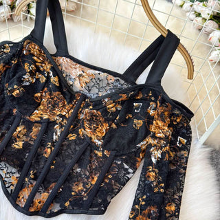 Long sleeve off shoulder flower print lace bustier top