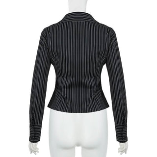 Turnover collar long sleeve striped button top