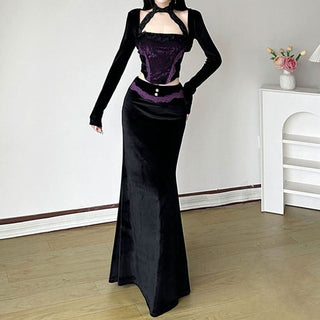 Halter long sleeve velvet lace hem 2 piece top