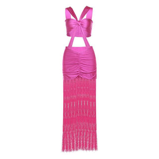 Ruched knotted tassels metallic cami mini dress