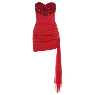 Sweetheart neck glitter irregular ruched tube mini dress