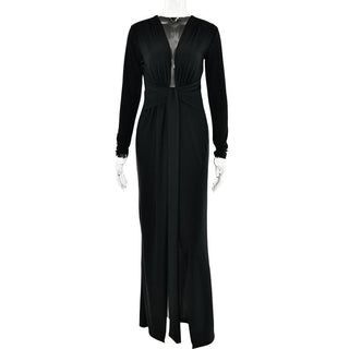 Long sleeve v neck ruched slit solid irregular maxi dress-final-sale