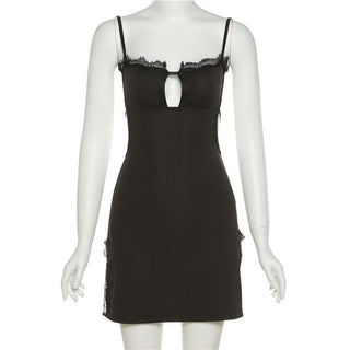 Lace hem solid hollow out backless slit cami cut out mini dress