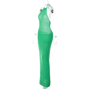 Crochet solid halter backless self tie maxi dress-final-sale