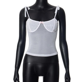 Sheer mesh see through bowknot self tie cami top
