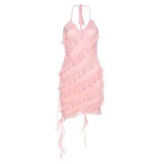 Ruffle irregular halter ribbon backless mini dress
