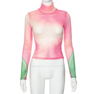 Long sleeve high neck print sheer mesh contrast top